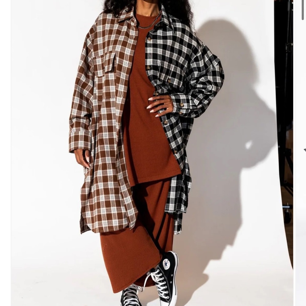 Dressed in LaLa Zuri Oversized Grunge Flannel in Half + Half Mocha and Black